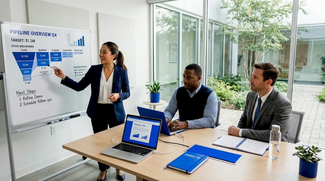 Sales team collaborating around whiteboard