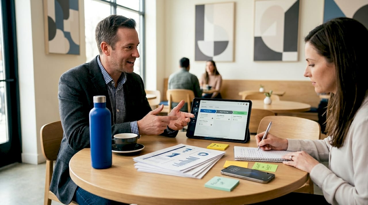 Sales reps discussing CRM pipeline stages