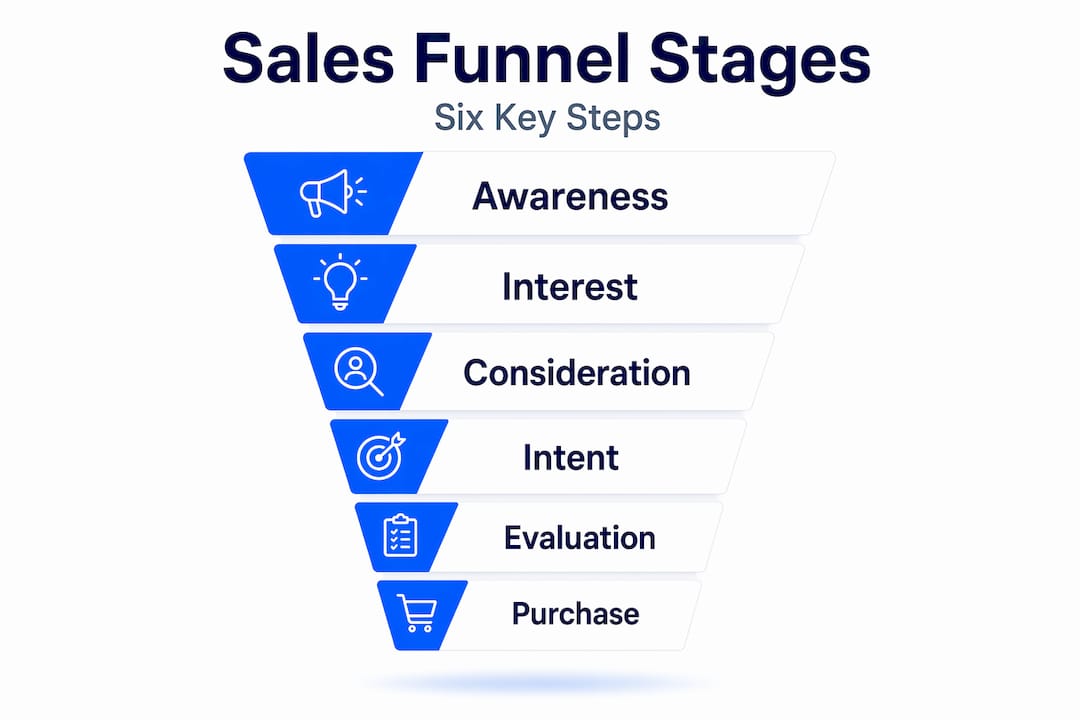Infographic showing six sales funnel stages top to bottom