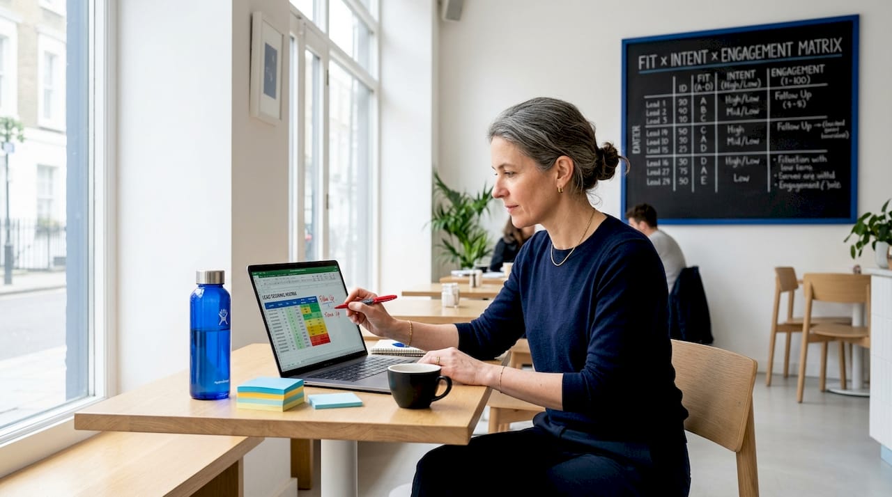 Marketing analyst explains lead scoring model at workspace