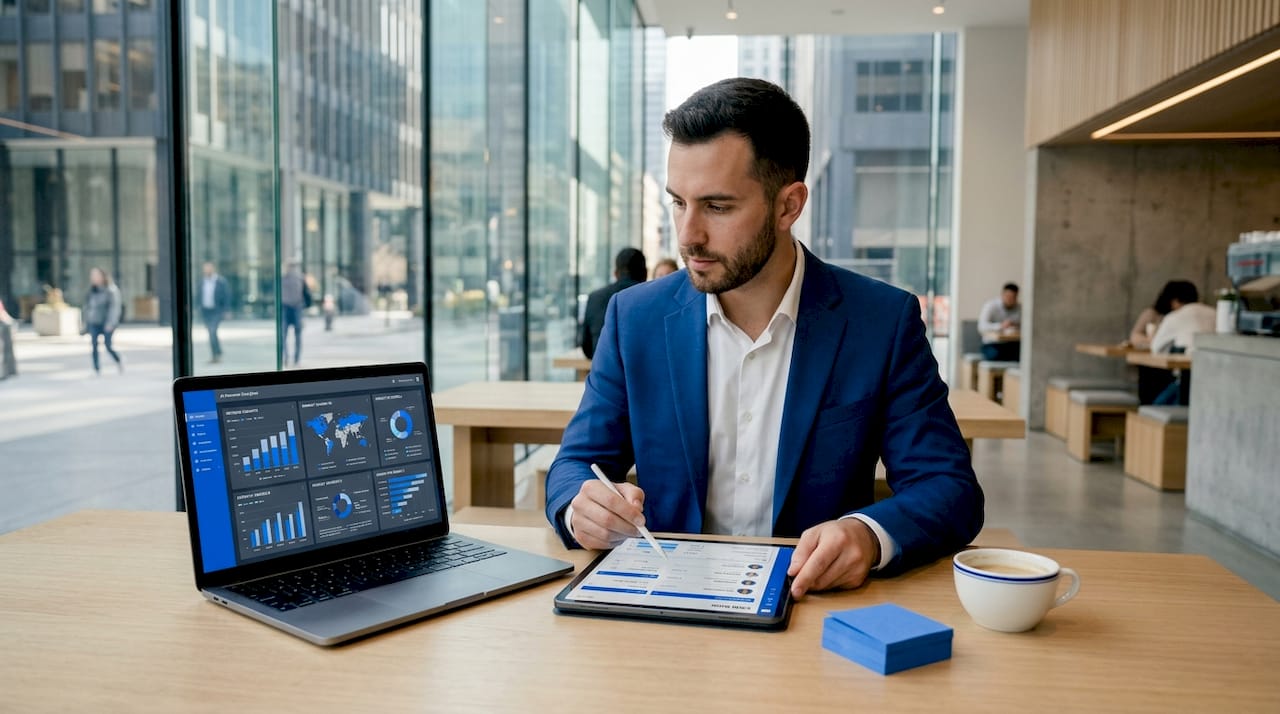 Sales rep updating CRM using tablet in coworking space