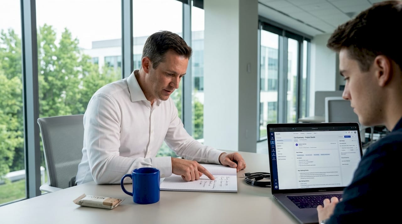 Manager coaching sales representative at workspace