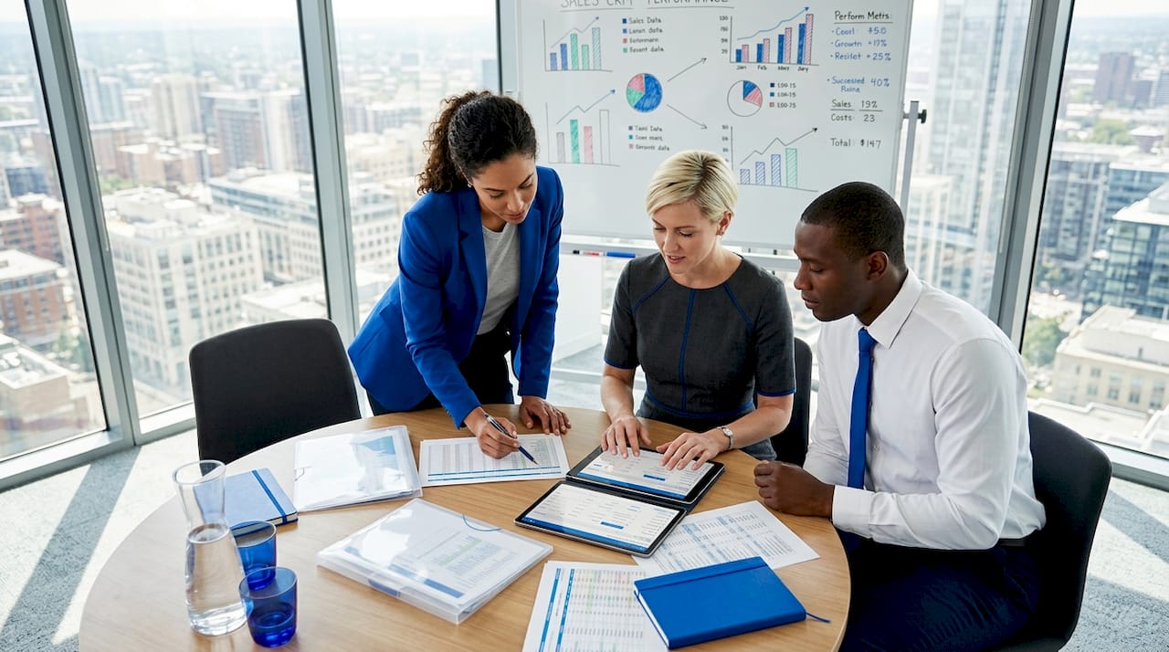 Sales team reviewing quota numbers together