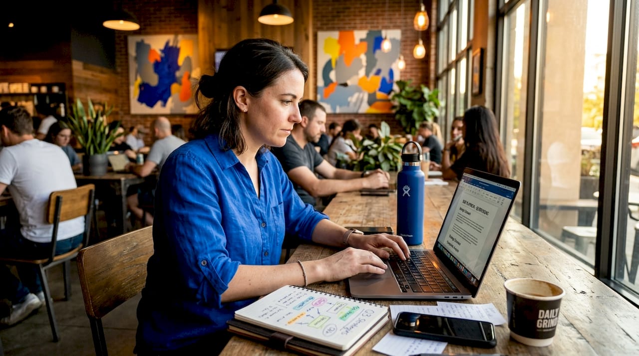 Sales professional editing playbook document on laptop