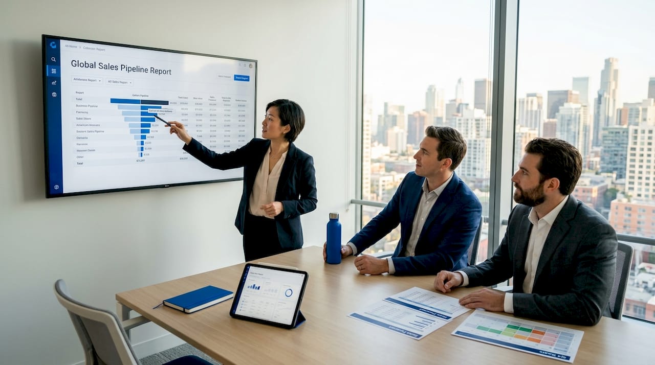 Sales team analyzing pipeline data in meeting room