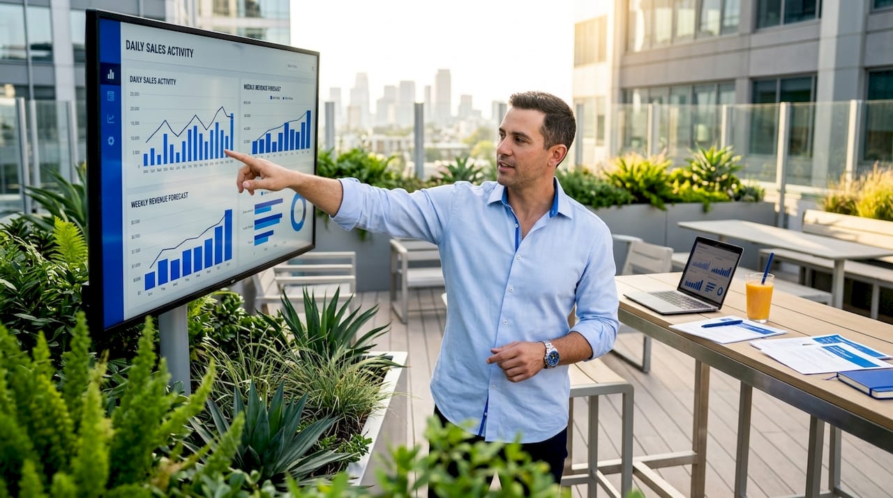 Sales leader presenting activity overview charts on monitor