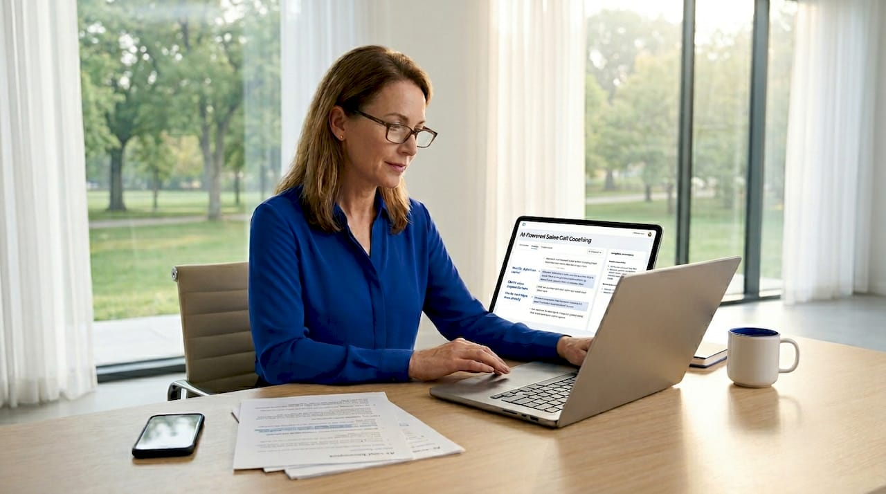 Sales manager reviewing AI coaching feedback in office