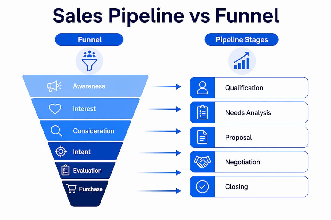 Infographic comparing sales pipeline and funnel stages
