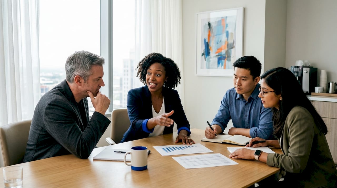 Sales team collaborating on pipeline forecast documents