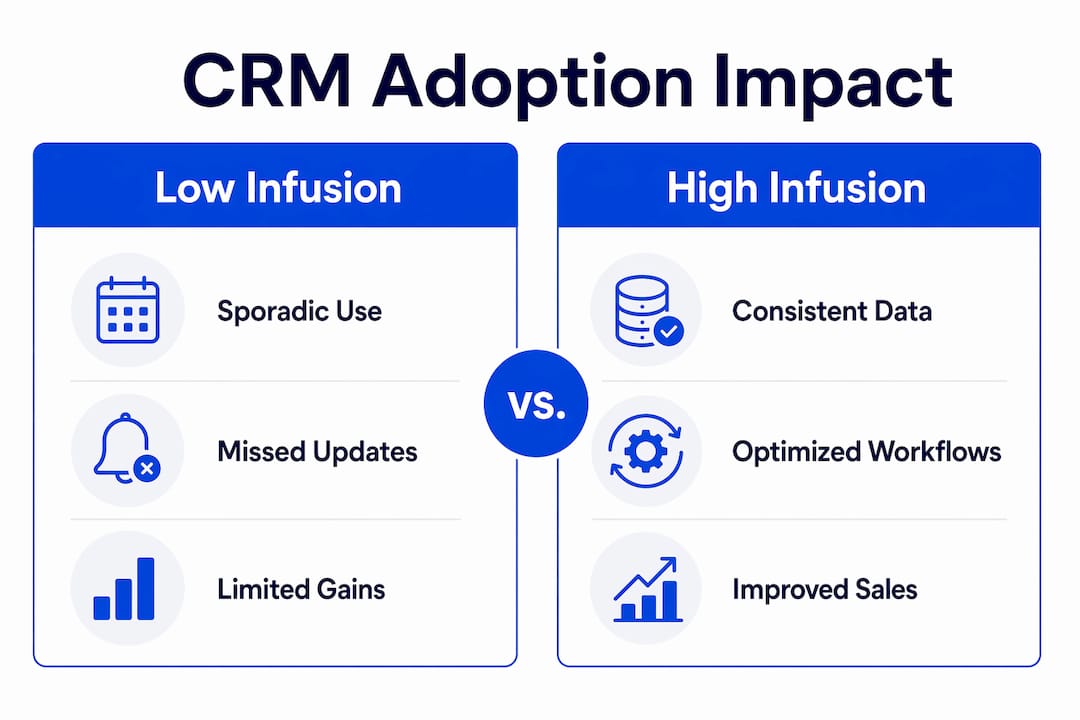 Infographic comparing CRM adoption levels and sales outcomes
