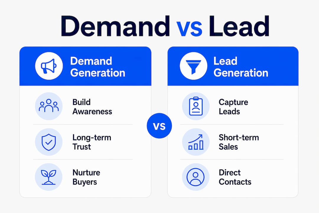 Infographic comparing demand and lead generation strategies