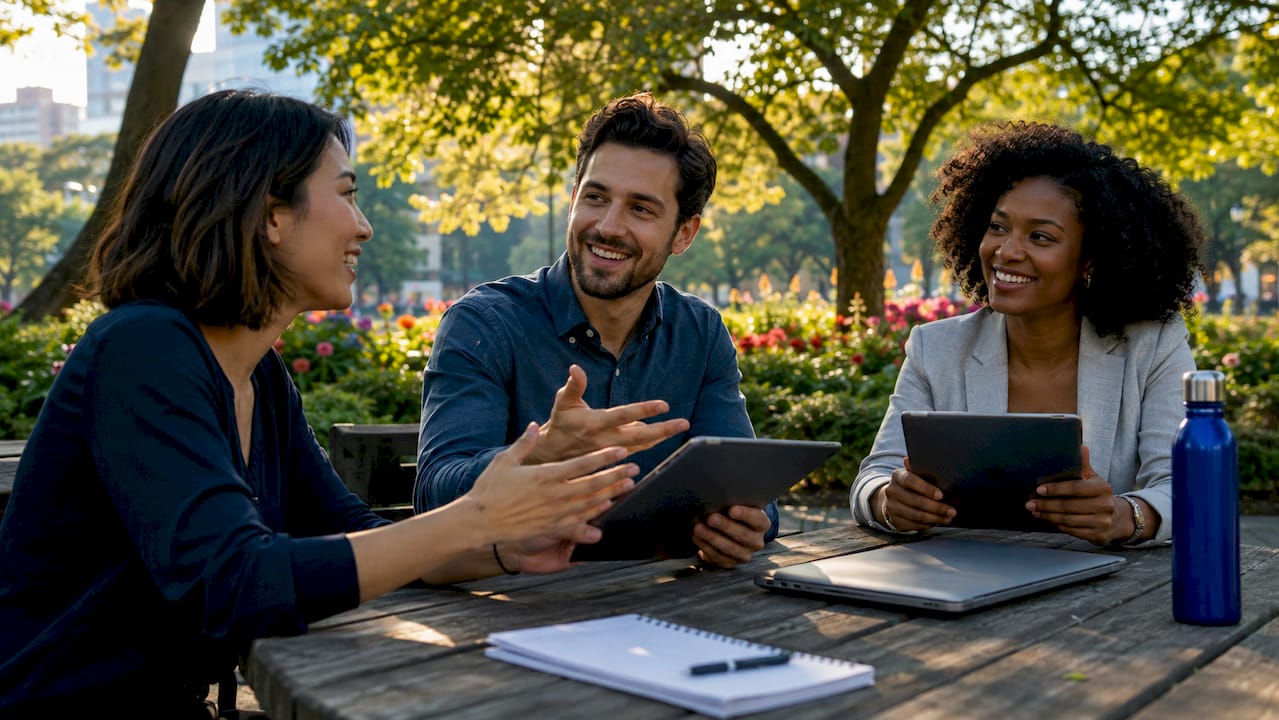 Sales team collaborating using digital devices