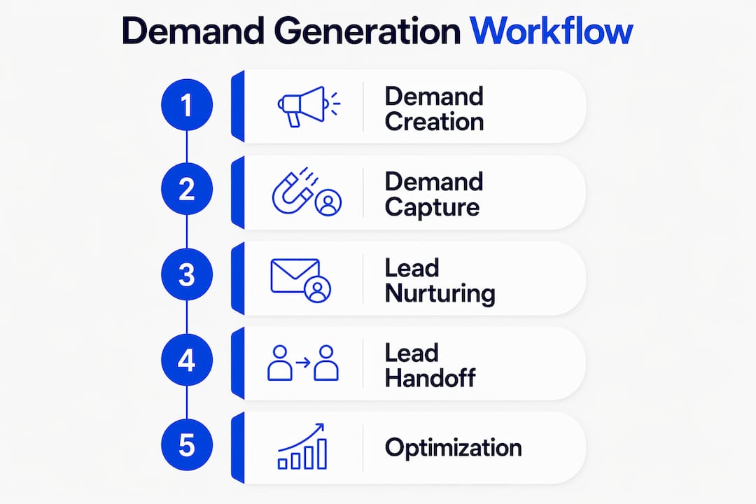 Infographic illustrating steps of demand generation workflow