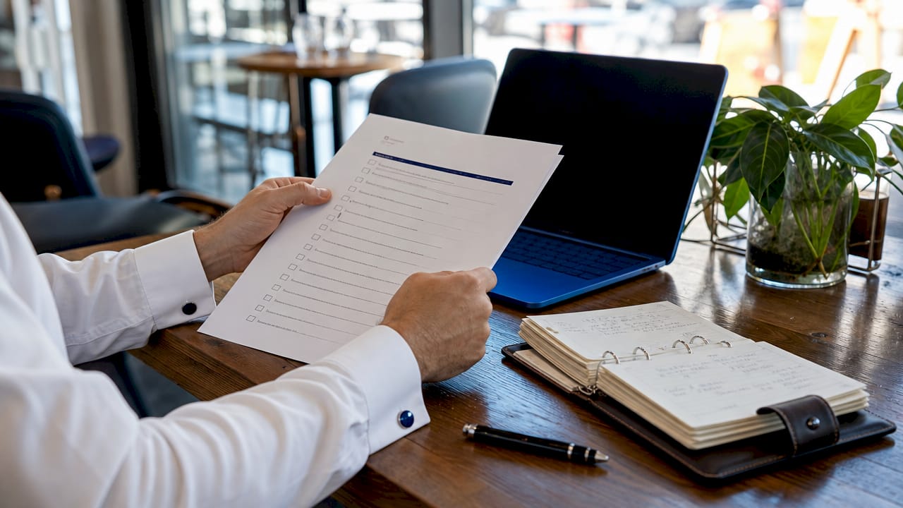 Hands holding sales checklist at desk