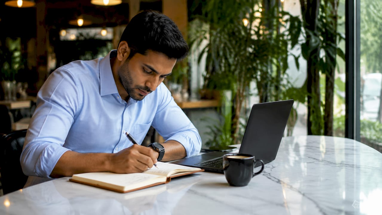 Sales rep calculating commissions at desk