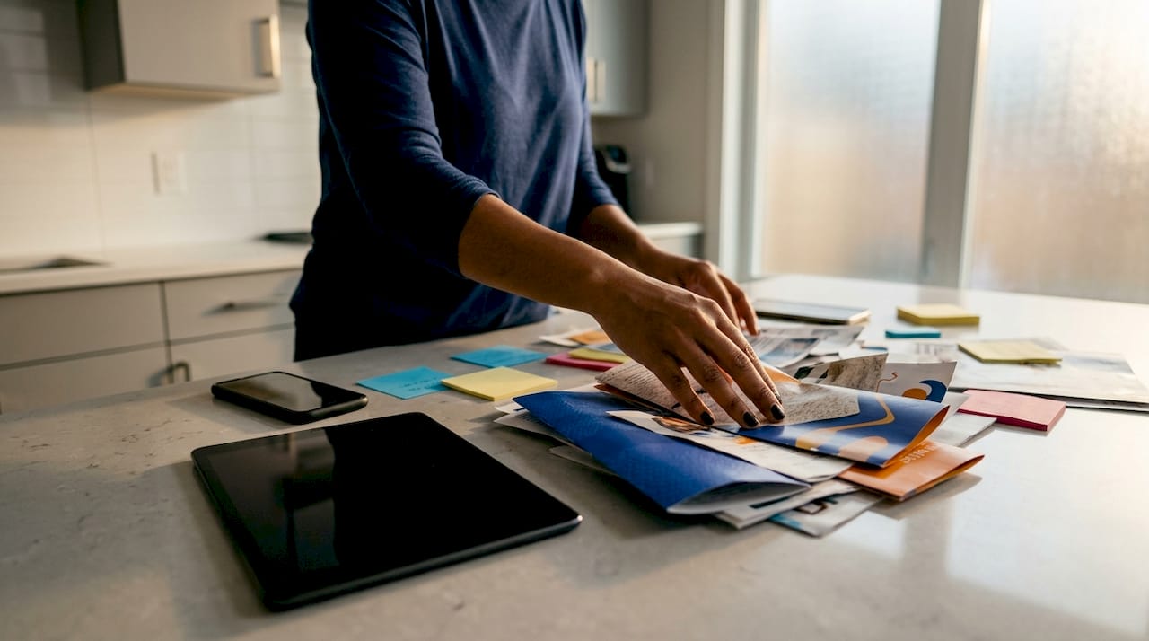 Hands organizing disorganized sales materials on desk