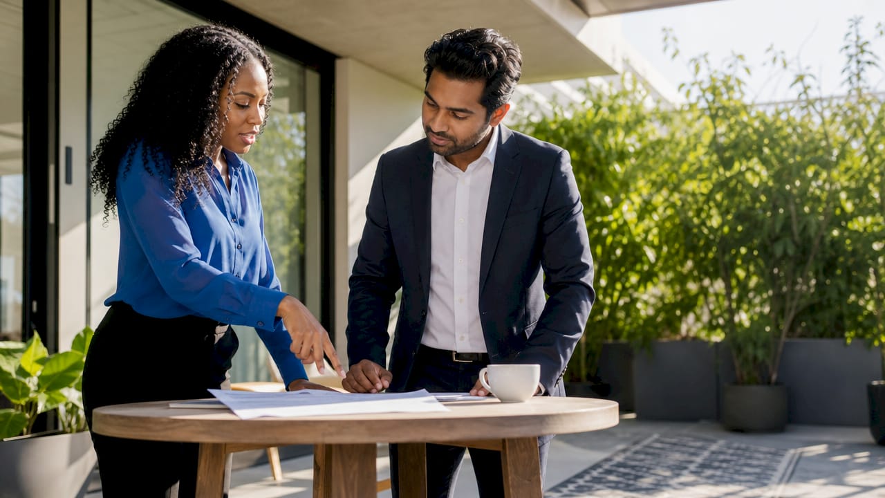 Sales team discussing contract handoffs in meeting room