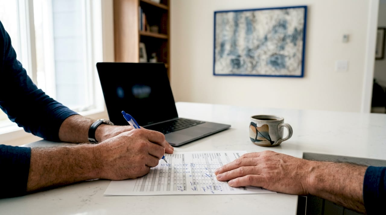 Hands arranging sales scorecard papers on desk