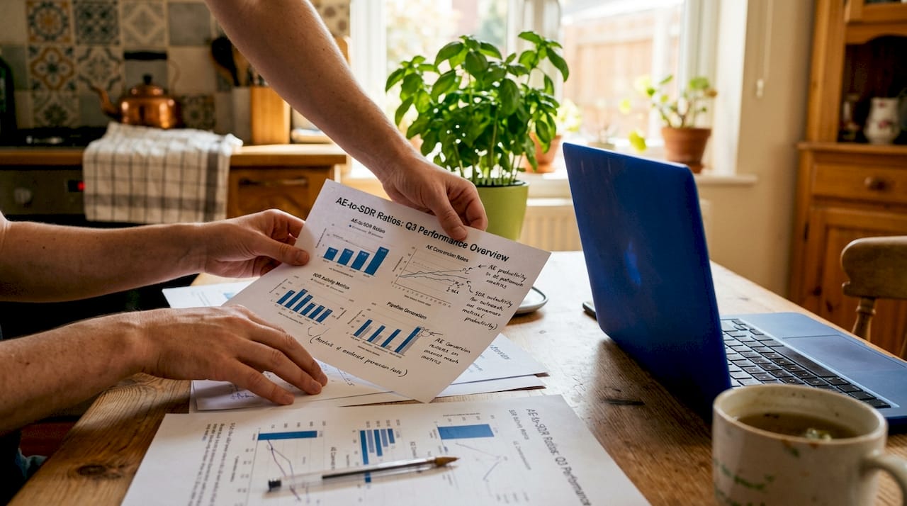 Close-up of hands analyzing sales team structure data
