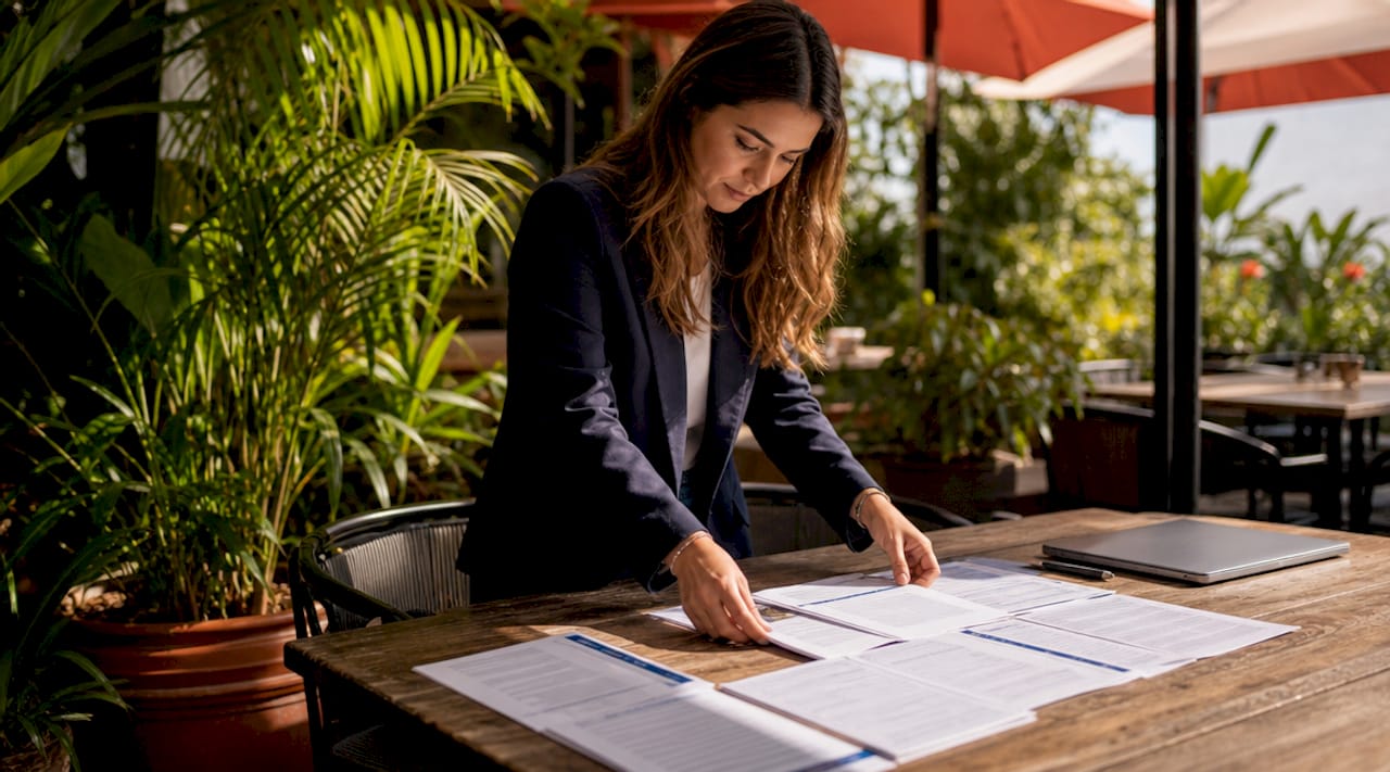 Hands organizing sales training content on table