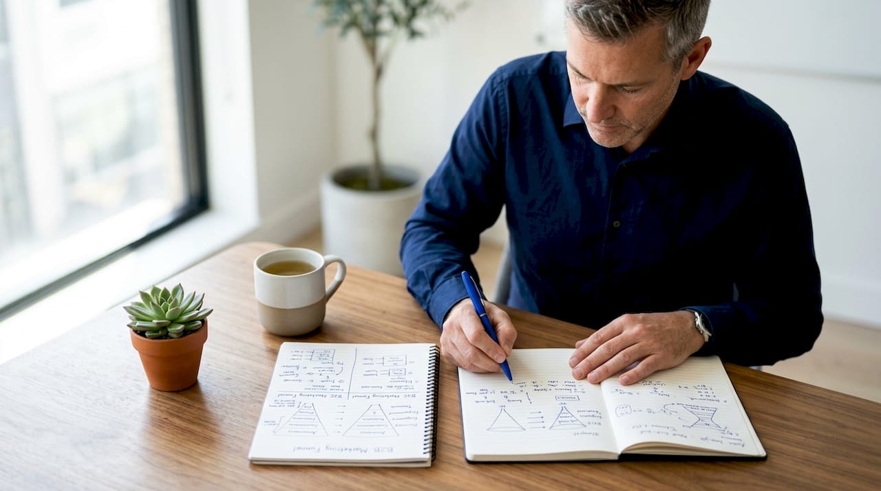 Overhead desk with B2B and B2C funnel notes and hands writing