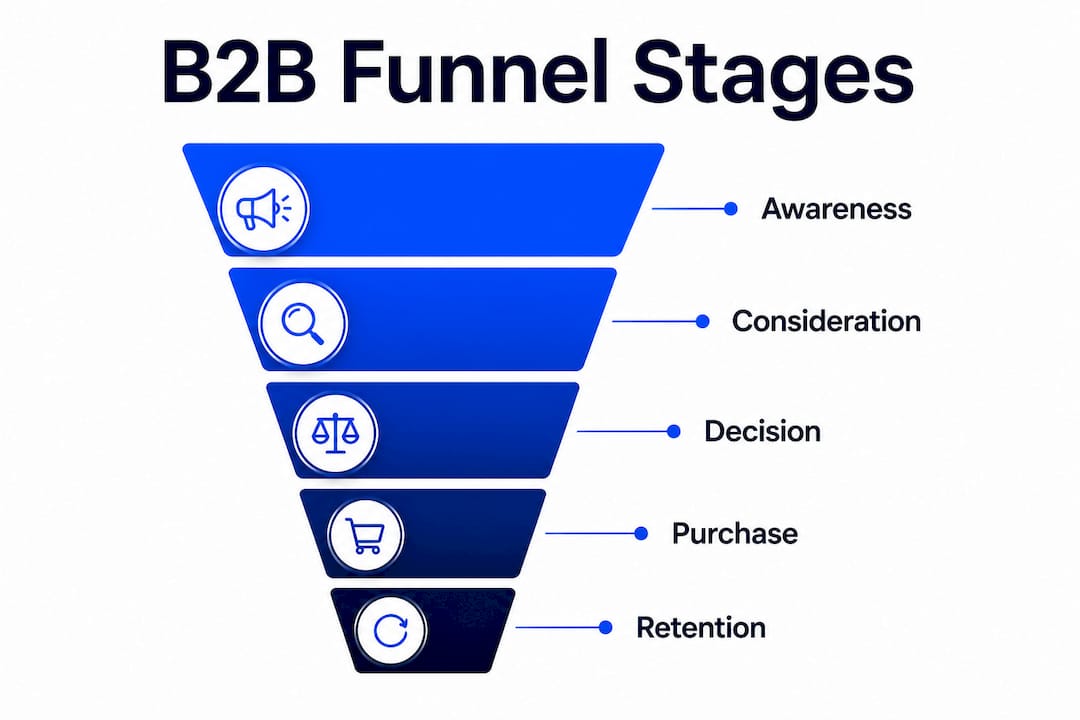 Infographic illustrating key B2B funnel stages vertically