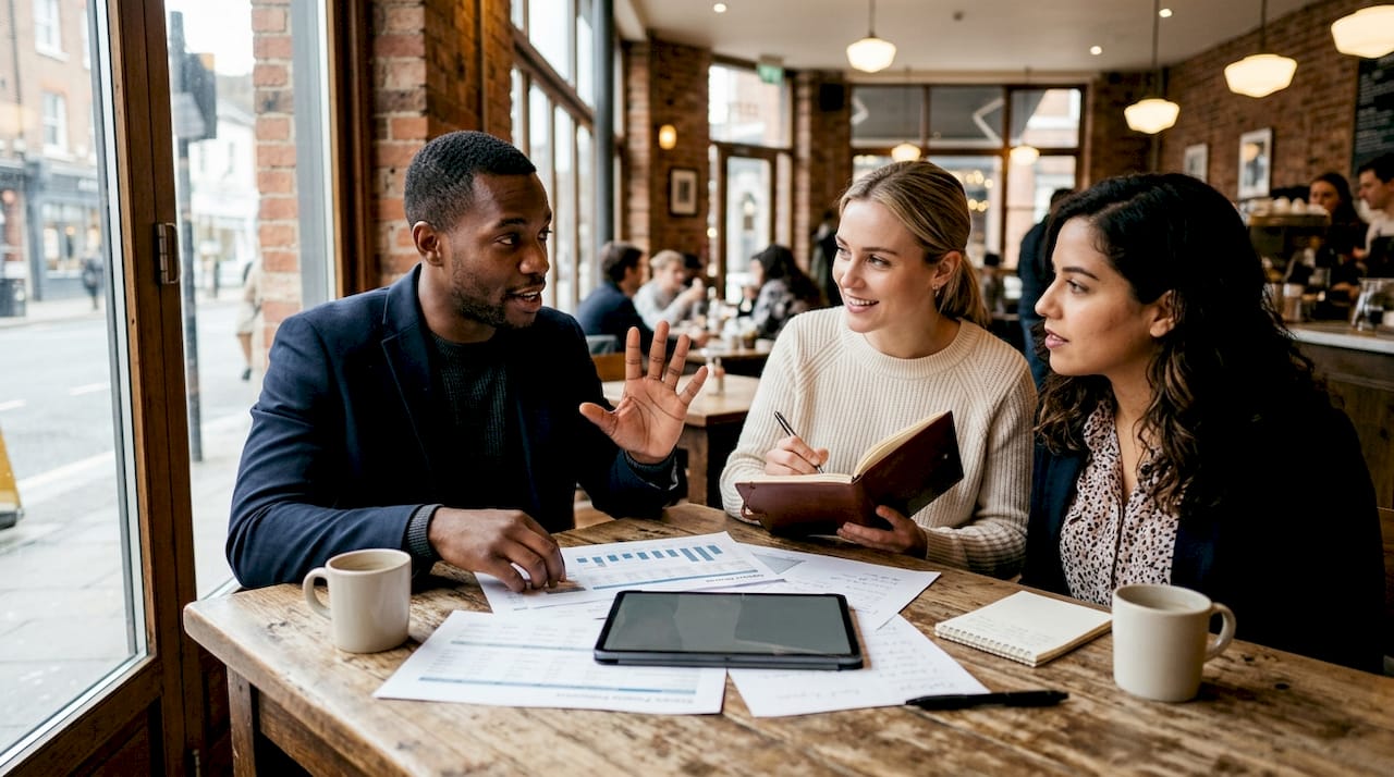 Sales team collaborating around table