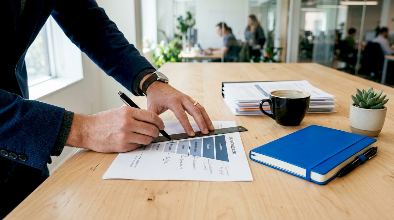 Close-up of hands analyzing sales funnel chart