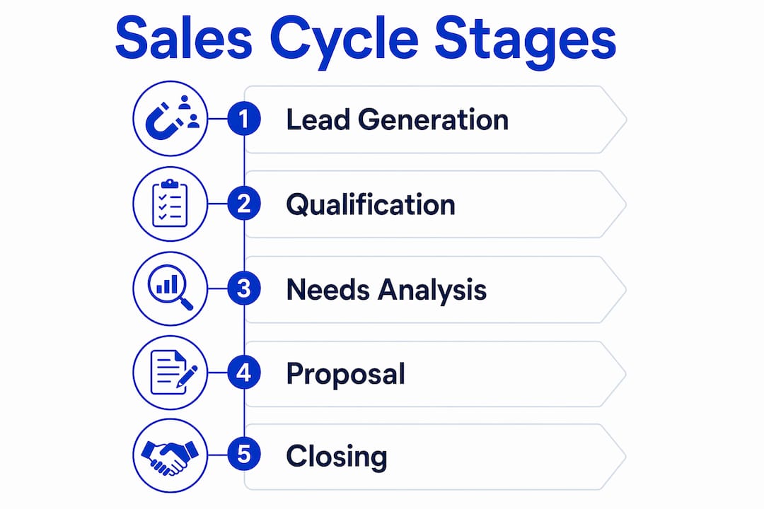 Infographic showing key B2B sales cycle stages in flow