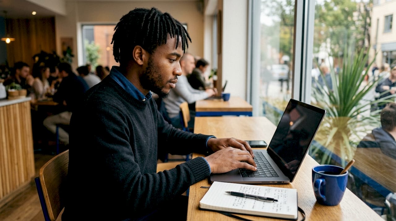 Sales development rep typing at standing desk