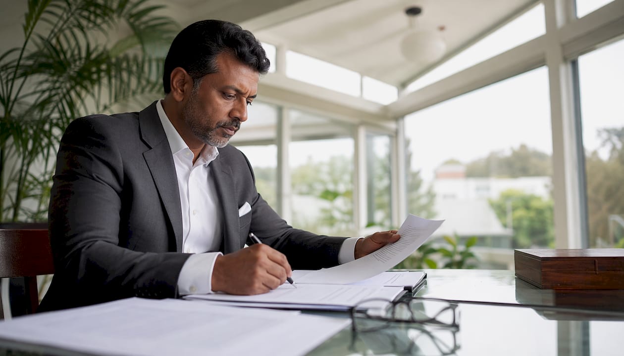 Professional annotating B2B contract documents in home office