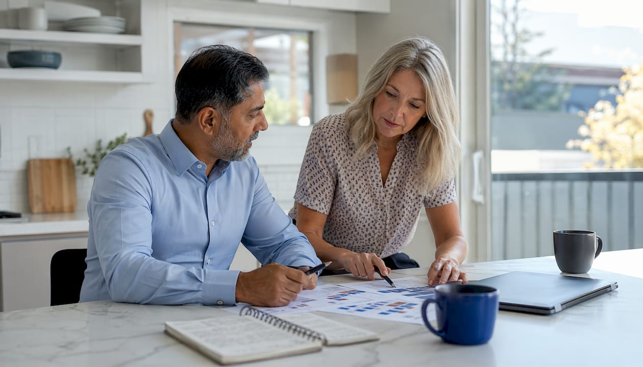 Sales managers collaborating over spreadsheets