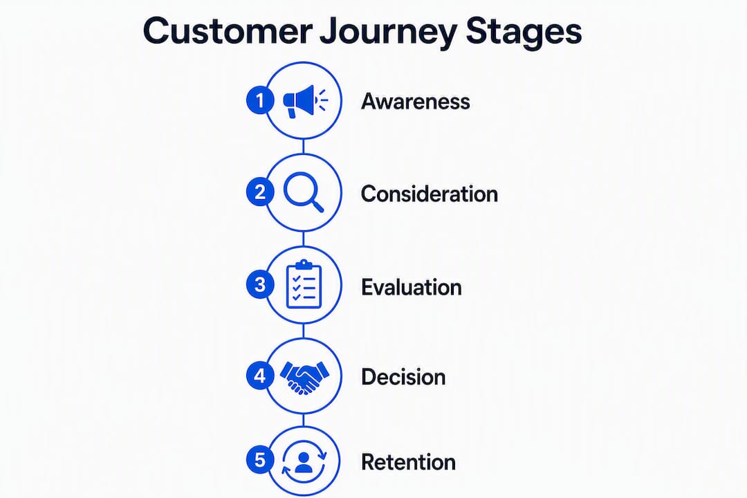 Infographic illustrating B2B customer journey stages in vertical flow