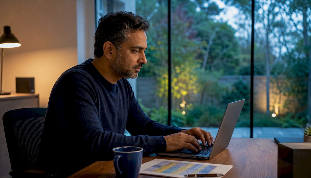 Hands typing on laptop with touchpoint inventory documents nearby