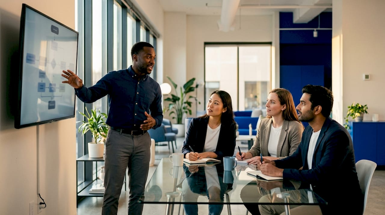 Diverse sales team collaborating on deal flow process