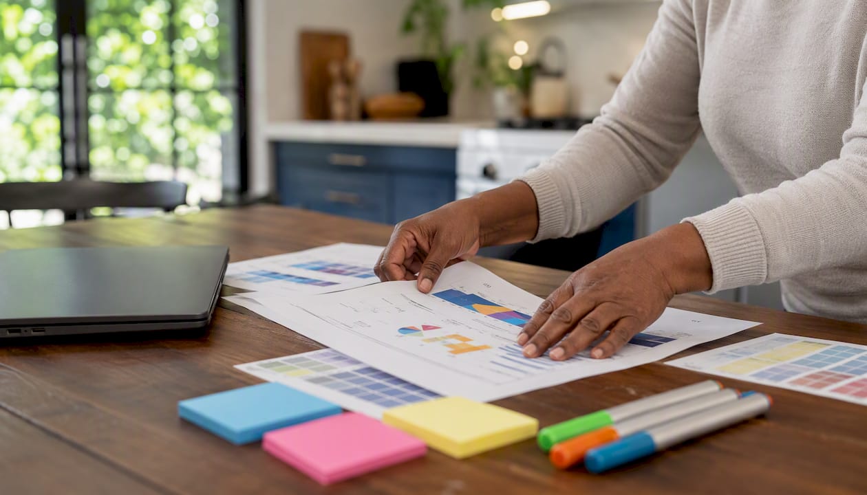 Hands reviewing Tableau sales dashboard documents