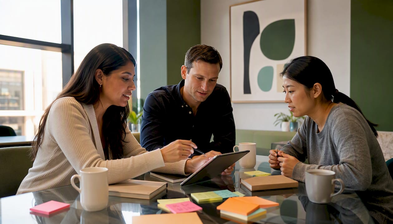 Team collaborating over Databox tablet in startup office