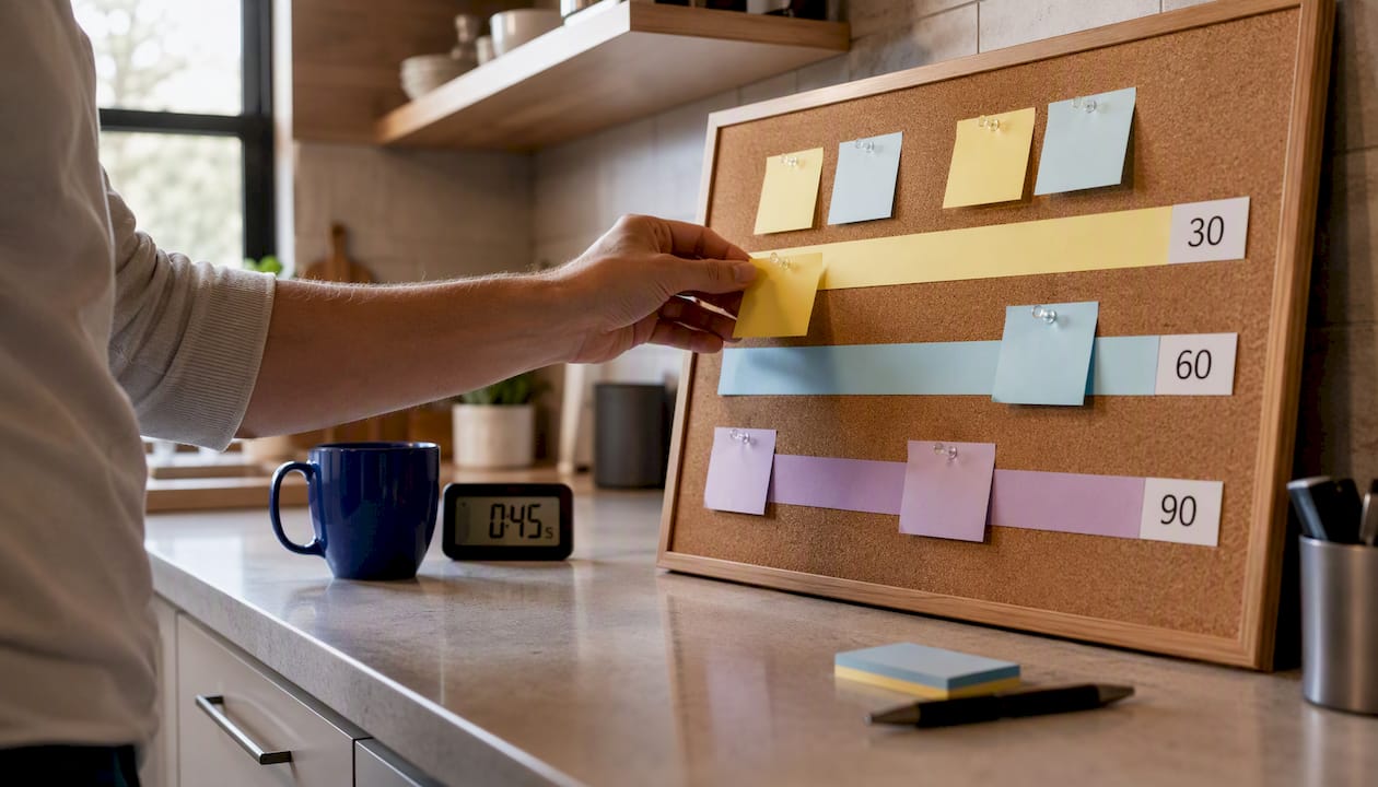 Hands placing notes on layered timeline