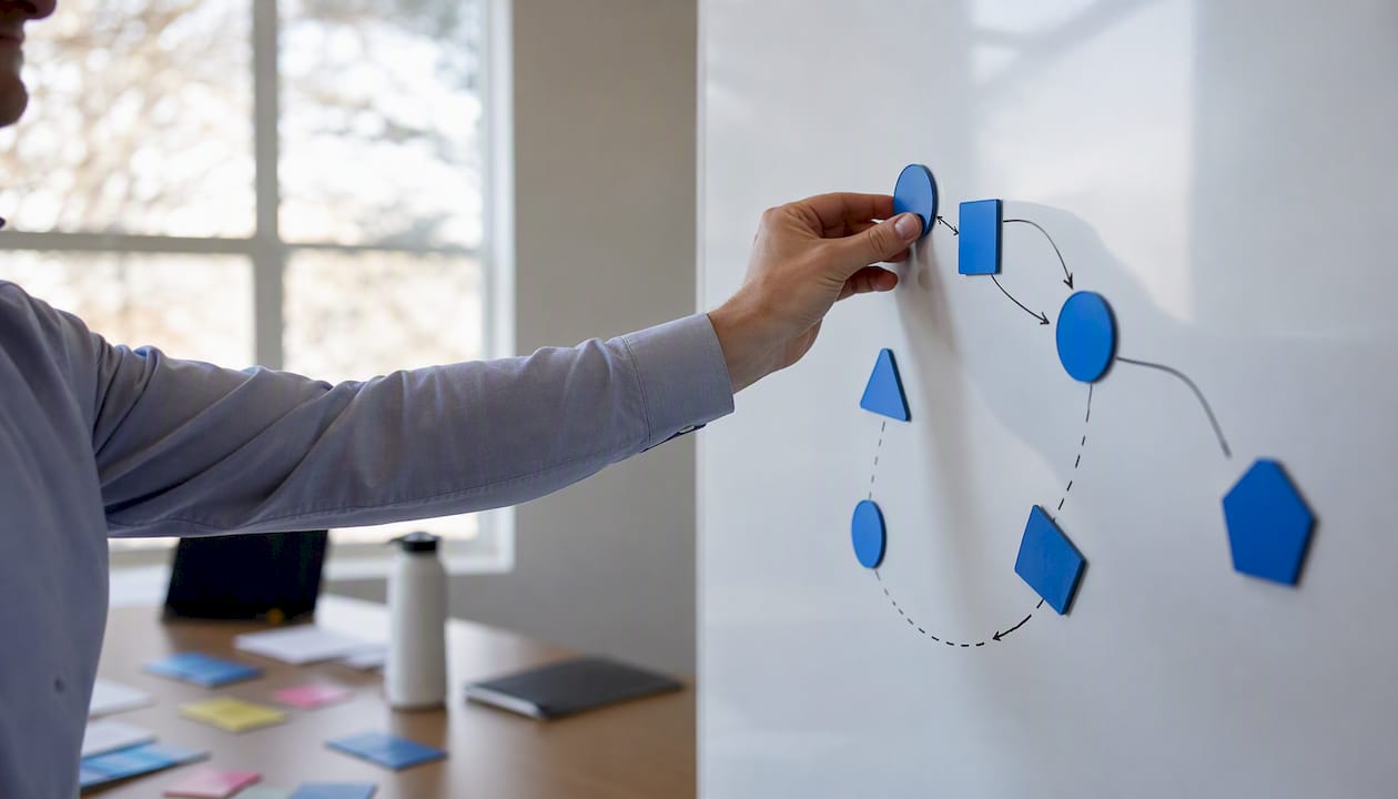 Hand placing sales process tokens on glass board