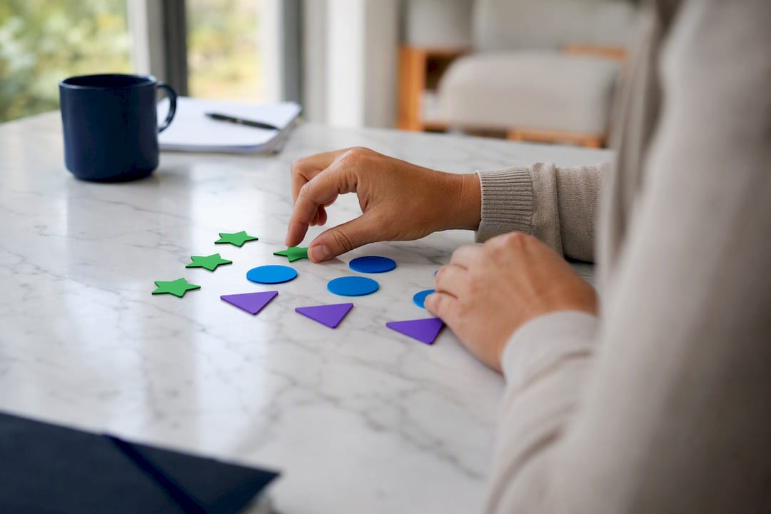 Hands arranging sales forecast tokens manually