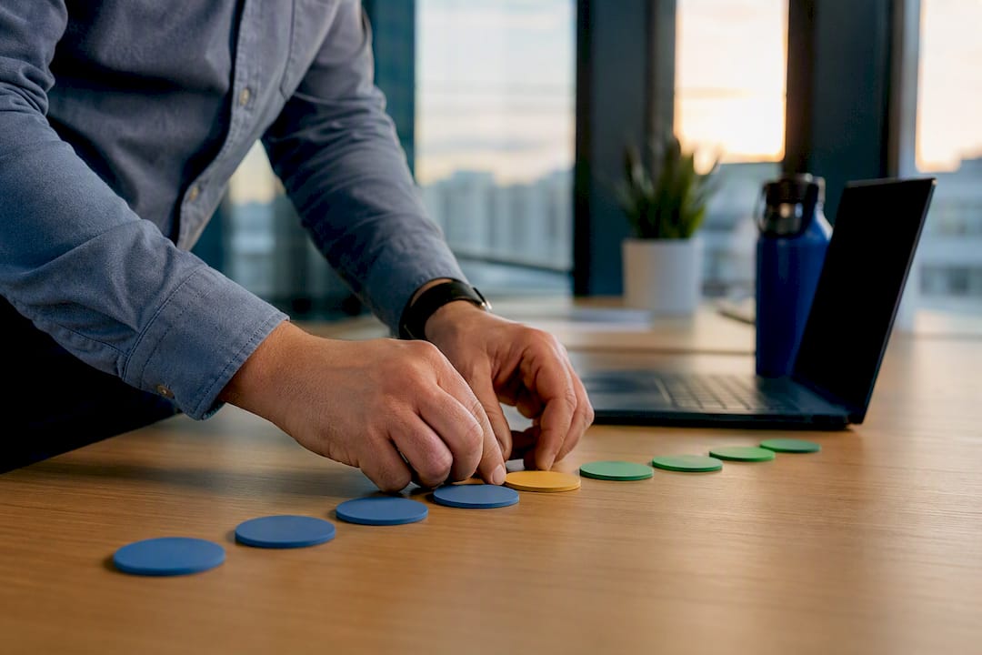 Hands placing sales stage marker