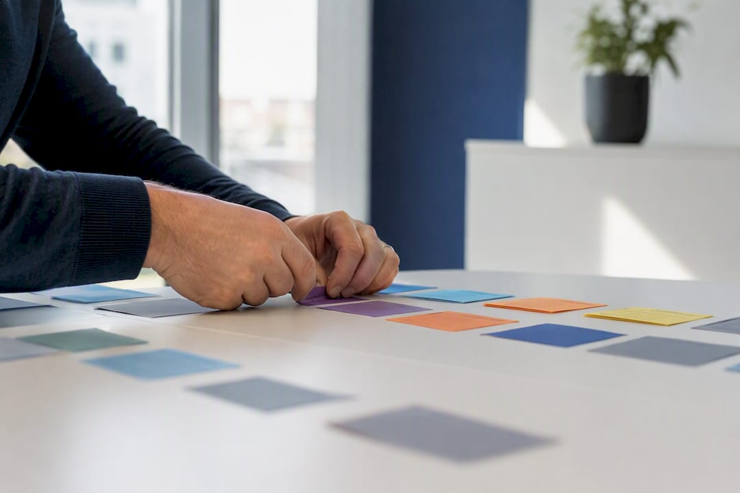 Hands adjusting sales workflow tiles on table