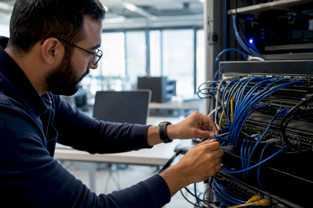 Hands setting up networking demo equipment