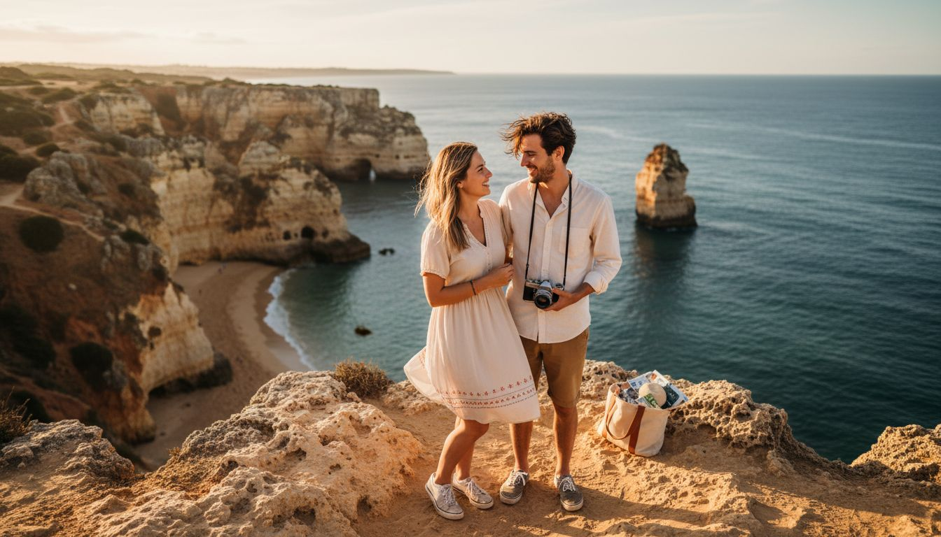 Couple laughing on Algarve cliff, candid photo