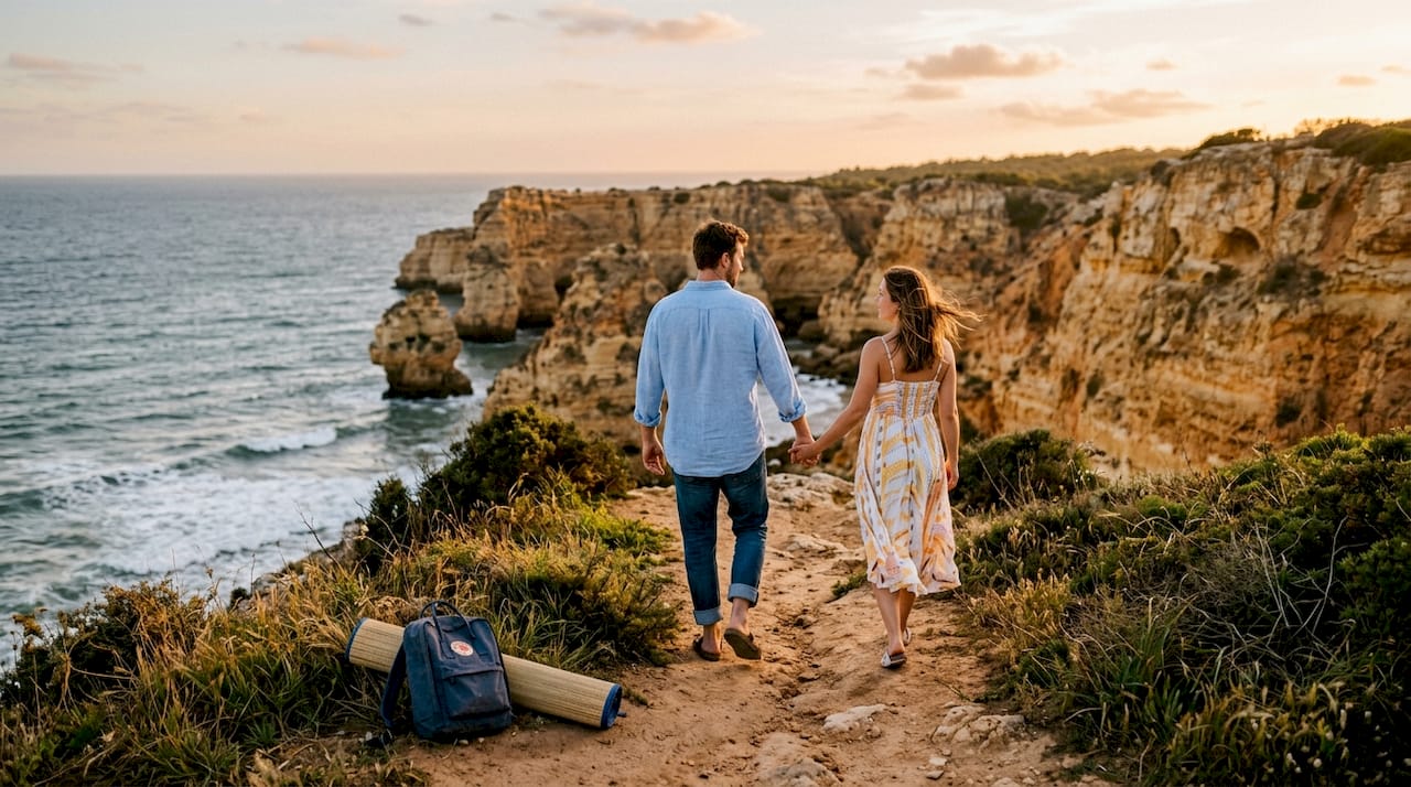 Couple walking on Algarve sea cliffs