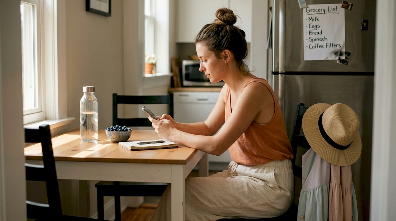 Woman preparing for photoshoot at kitchen table