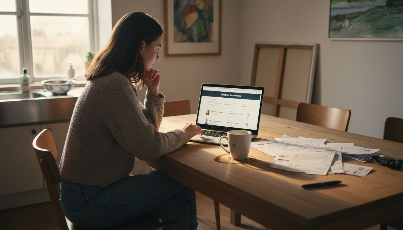 Aan de keukentafel scrollt een vrouw door ervaringen van anderen met verschillende loodgieters.