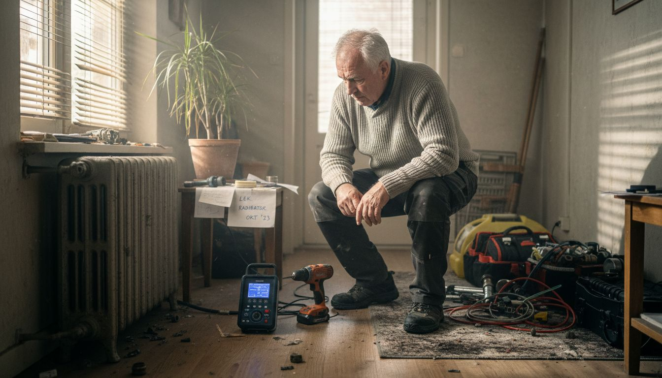 De loodgieter controleert de radiator met een speciaal diagnoseapparaat.