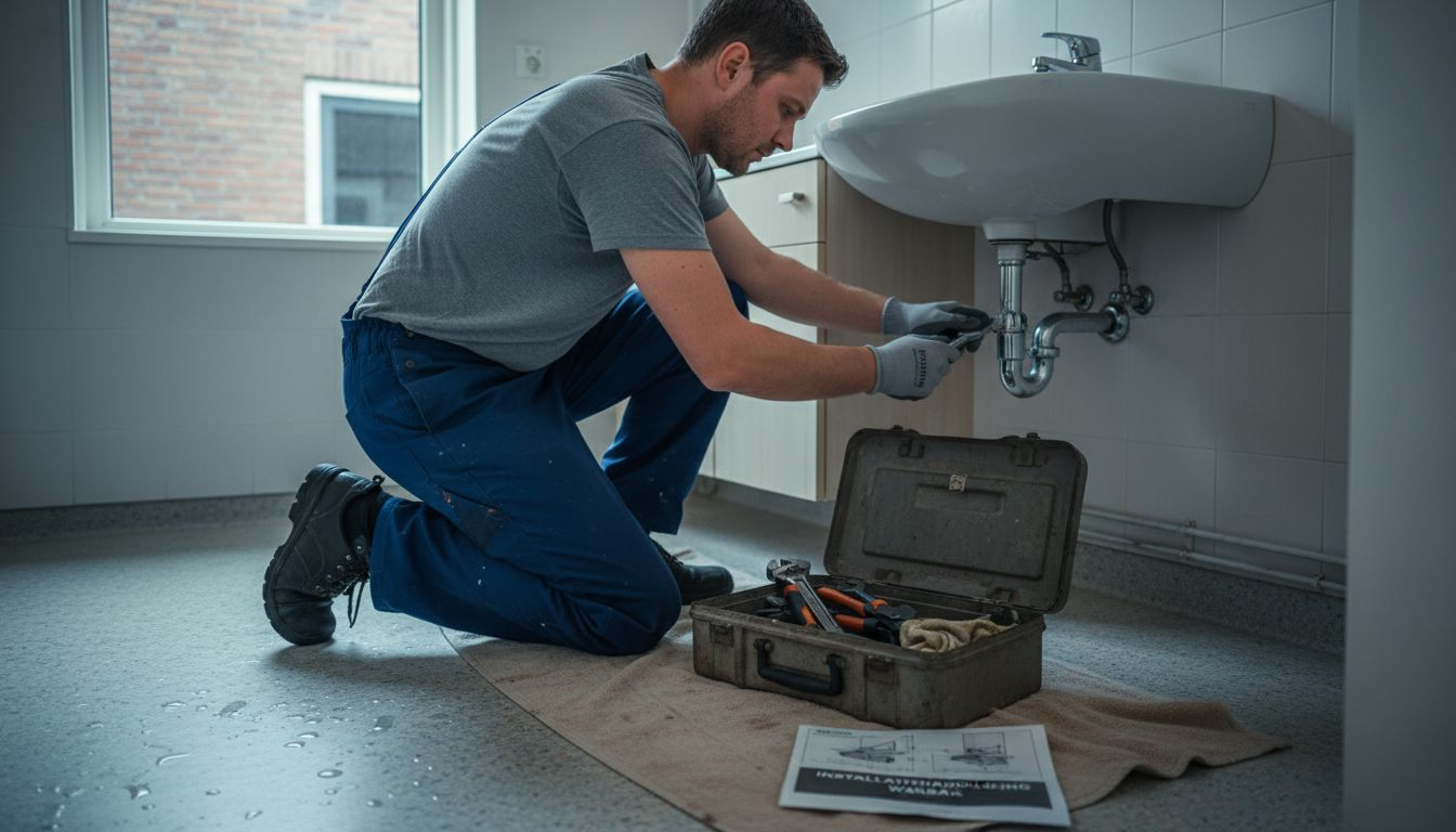 De loodgieter loopt alle sanitaire voorzieningen na om te controleren of alles goed werkt.