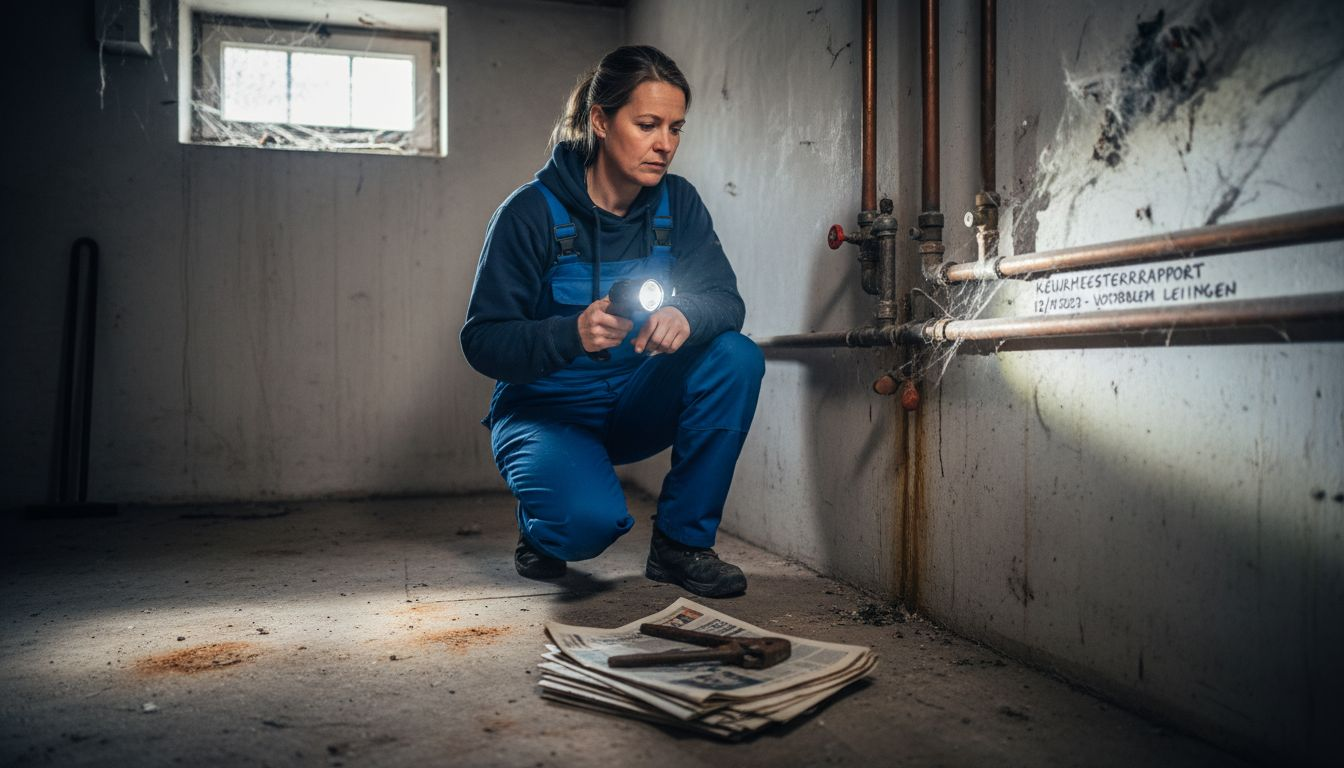 Een vrouw inspecteert de leidingen in haar kelder met een zaklamp.